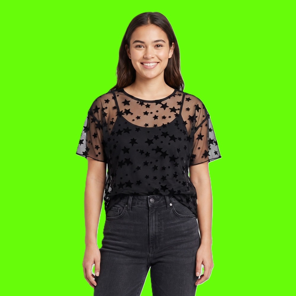 New LaLa Factory Black Star Print Sheer Mesh Short Sleeve T-Shirt Women Medium